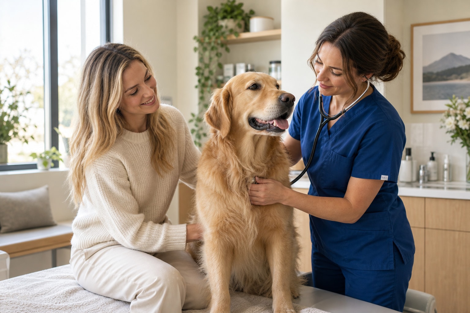 A veterinarian examines a Golden Retriever beside its owner in a bright clinic.