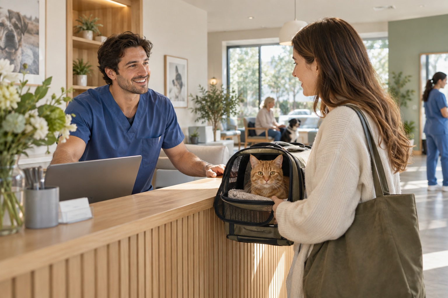 A clinic receptionist welcomes a pet owner arriving with a cat.