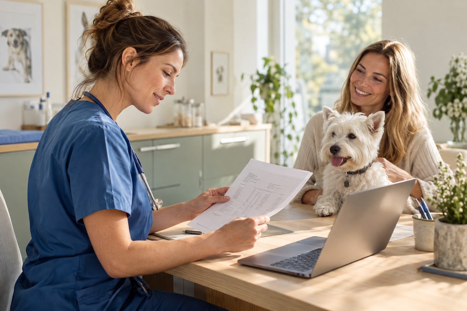 A clinic assistant reviews a report and computer record beside a pet owner and dog.