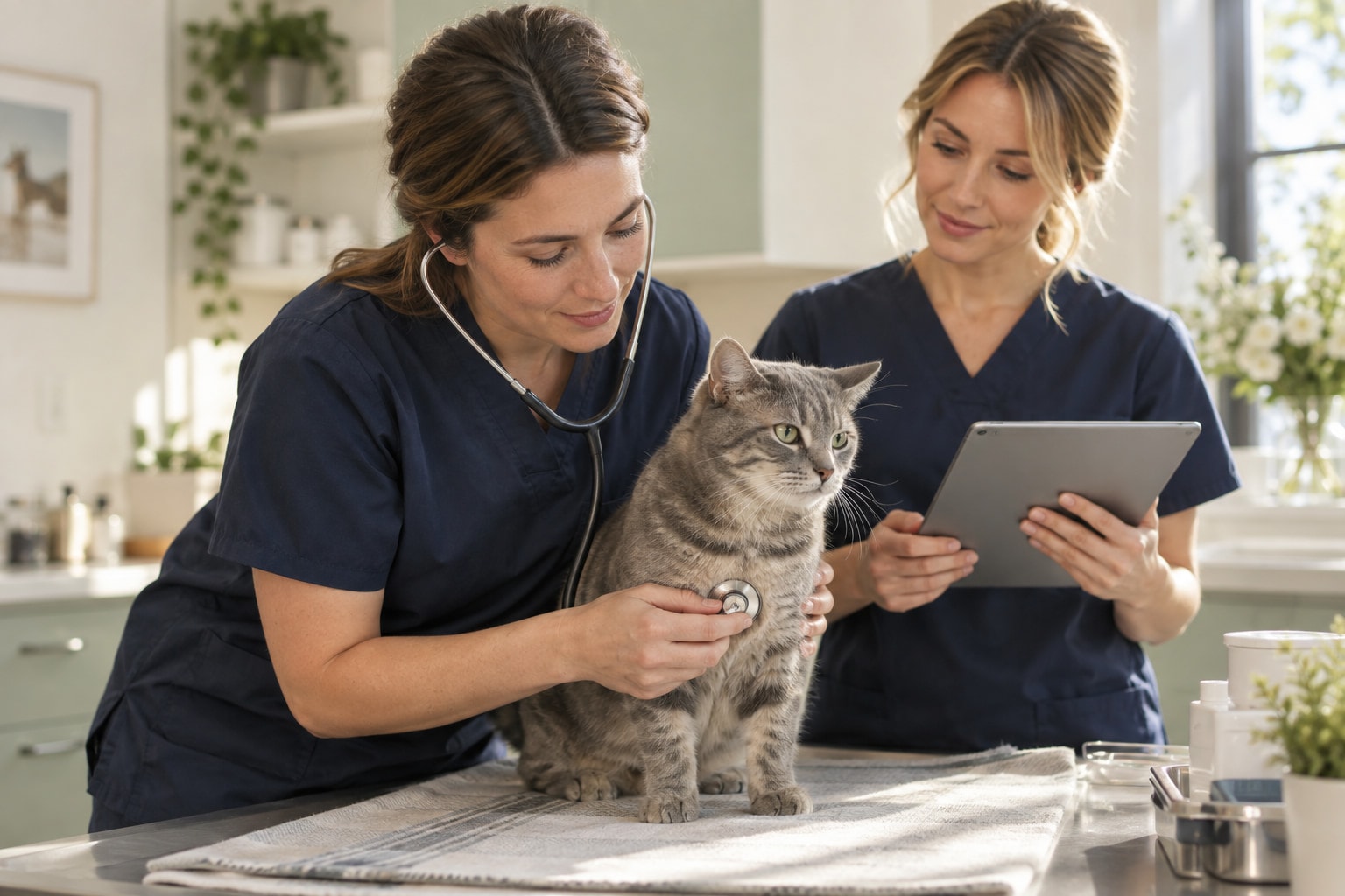 A veterinarian examines a cat while a colleague follows the notes on a tablet.