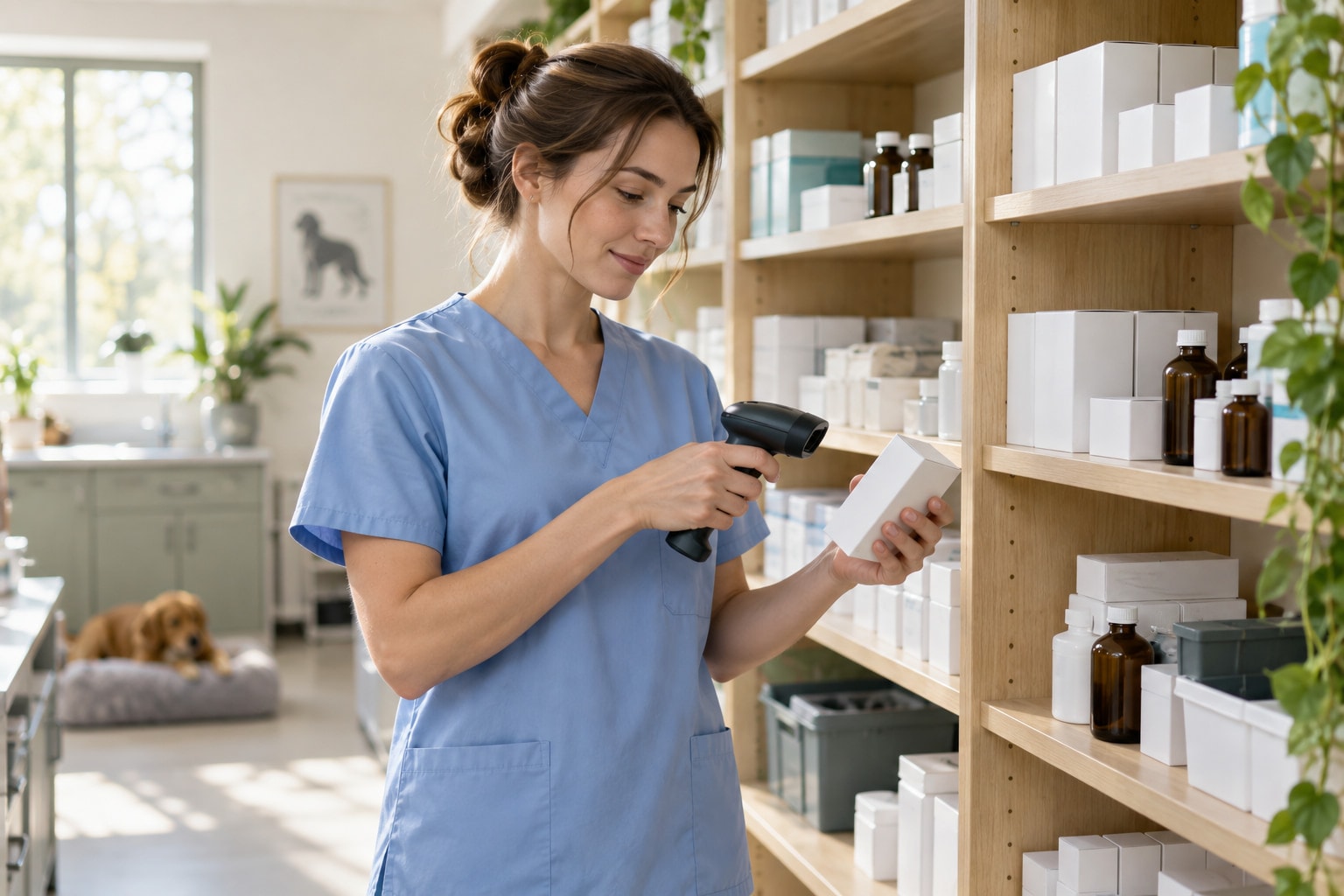 A clinic assistant scans a product barcode in the stockroom.