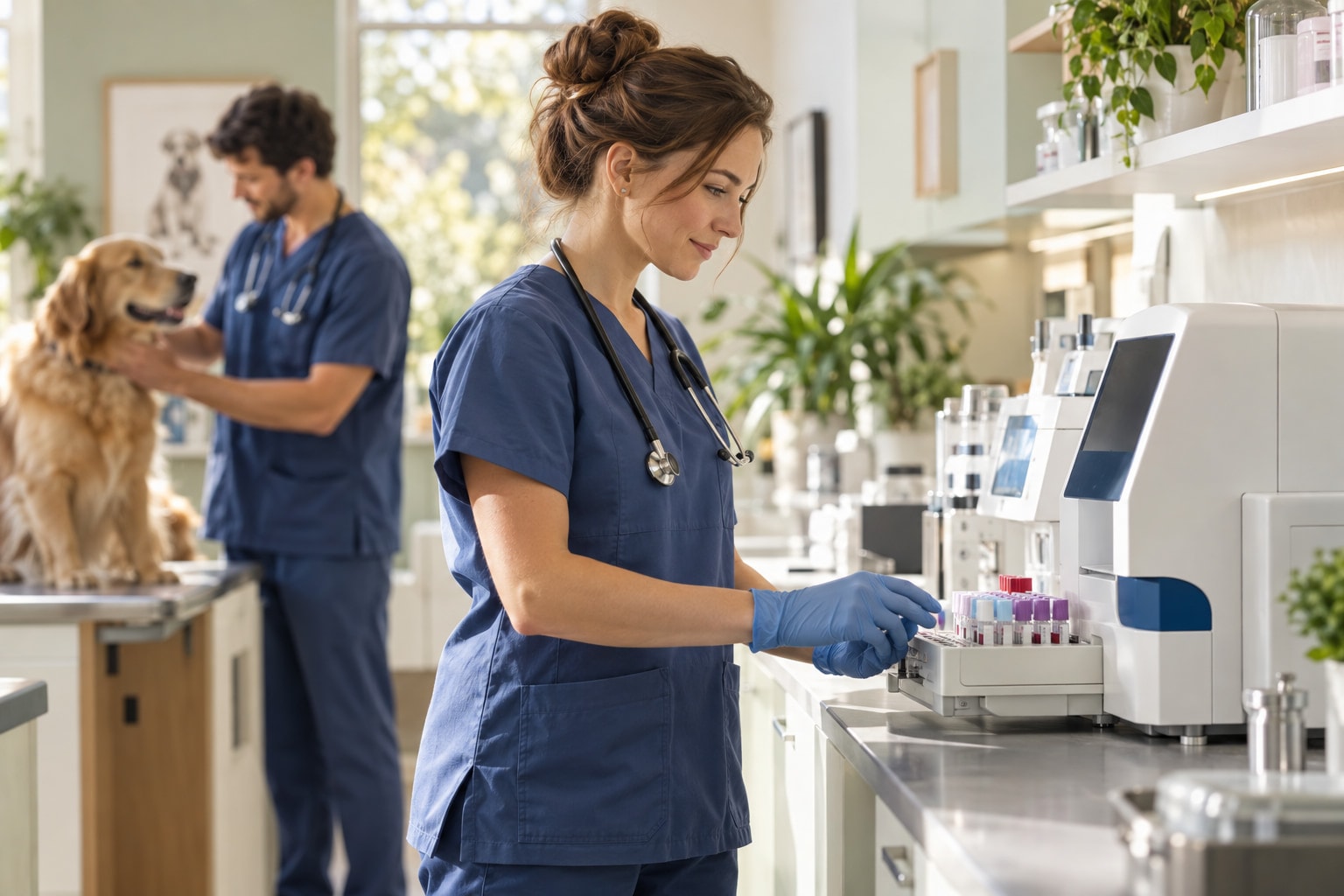A veterinarian works with an analyzer in the clinic laboratory.